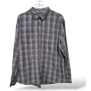 Prana Mens SZ XX Large Button Up Shirt FLAWED Plaid Brown Blue Long Sleeve